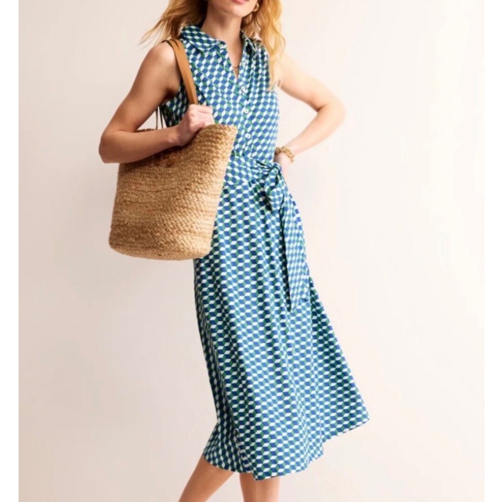 Boden Laura Jersey Shirt Dress Green Blue Geometric Diamond Cube Sleeveless - 4P